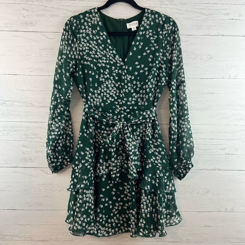 Allison New York Green White‎ Floral Print Faux Wrap Dress Size S